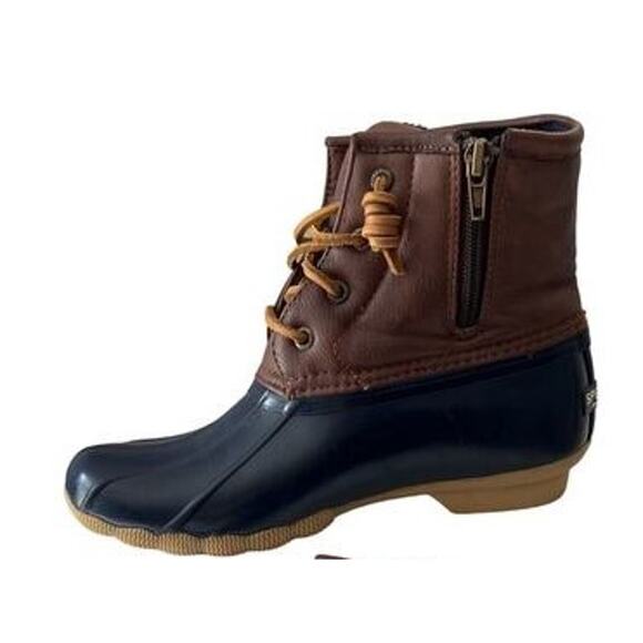 Sperry Saltwater Boots Girls Size 3 Blue Tan Leather Rubber Waterproof Duck Boot - Picture 1 of 11